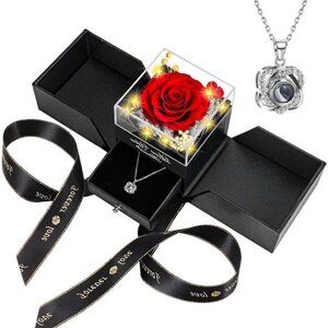 Preserved Red Real Rose with Heart I Love You Necklace -Eternal Flowers Rose